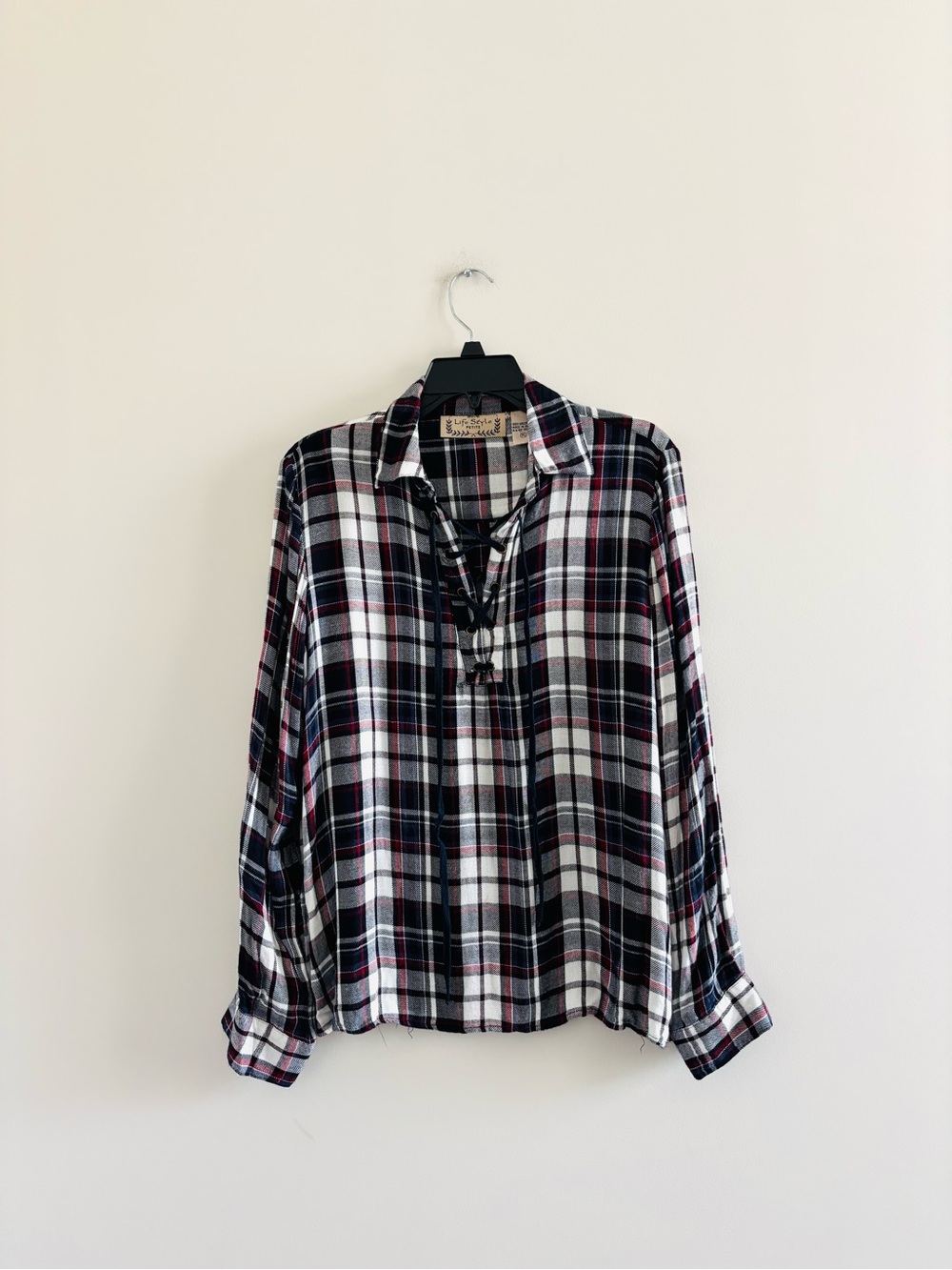 VTG Life Style Popover Top Navy Blue Plaid Long Sleeve Women PL Preppy Nautical
